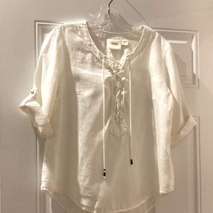 Maeve ivory linen shirt. Looks great on!